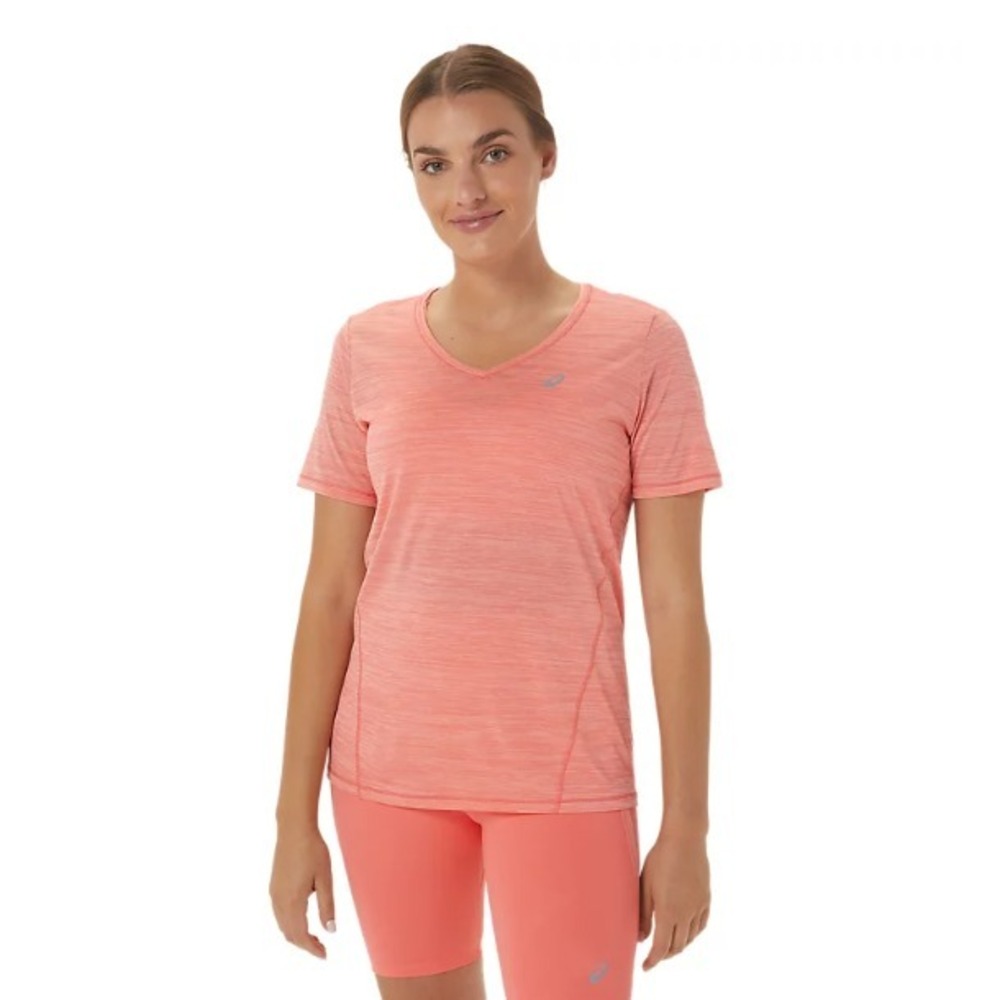 ASICS® (Women's MEDIUM) Race™ V-Neck Short Sleeve Quick-Dry Top in Papaya/Guava